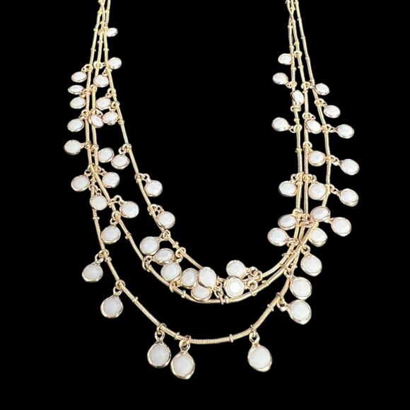 Anne Klein Vintage Triple Row Strand Bezel Gold Tone Chain White Beaded Necklace - Picture 2 of 5